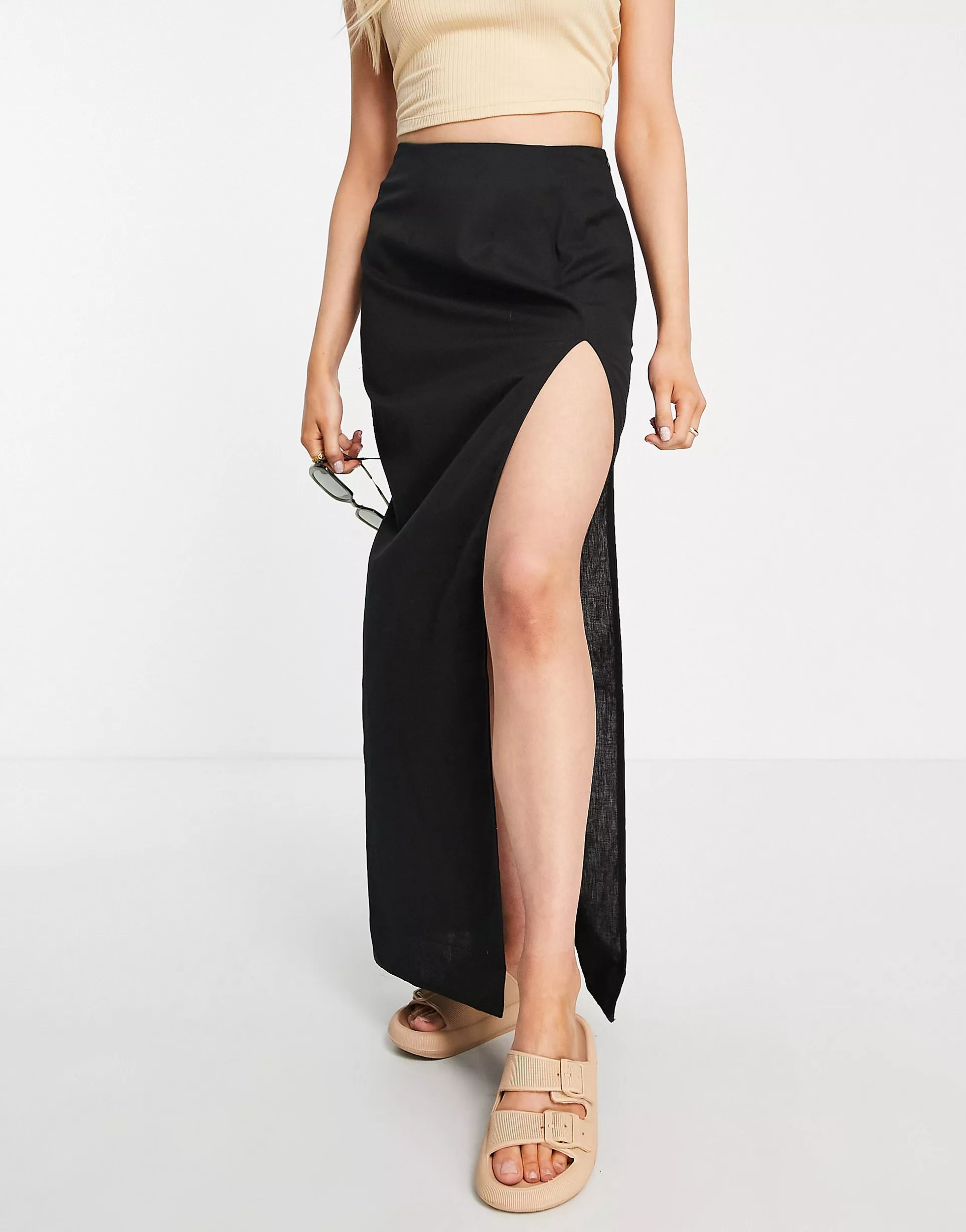 ASOS DESIGN linen maxi skirt with split in black | ASOS (Global)