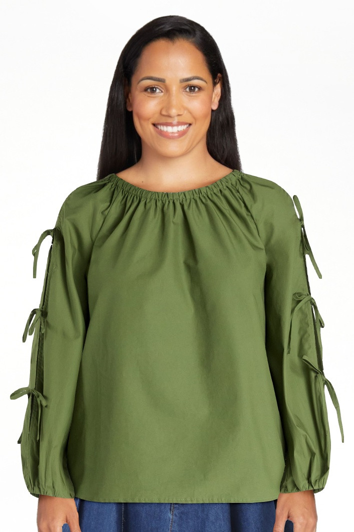 Free Assembly Women's and Women's Plus Gathered Neck Cotton Top with Long Tie Sleeves, Sizes XS-4... | Walmart (US)