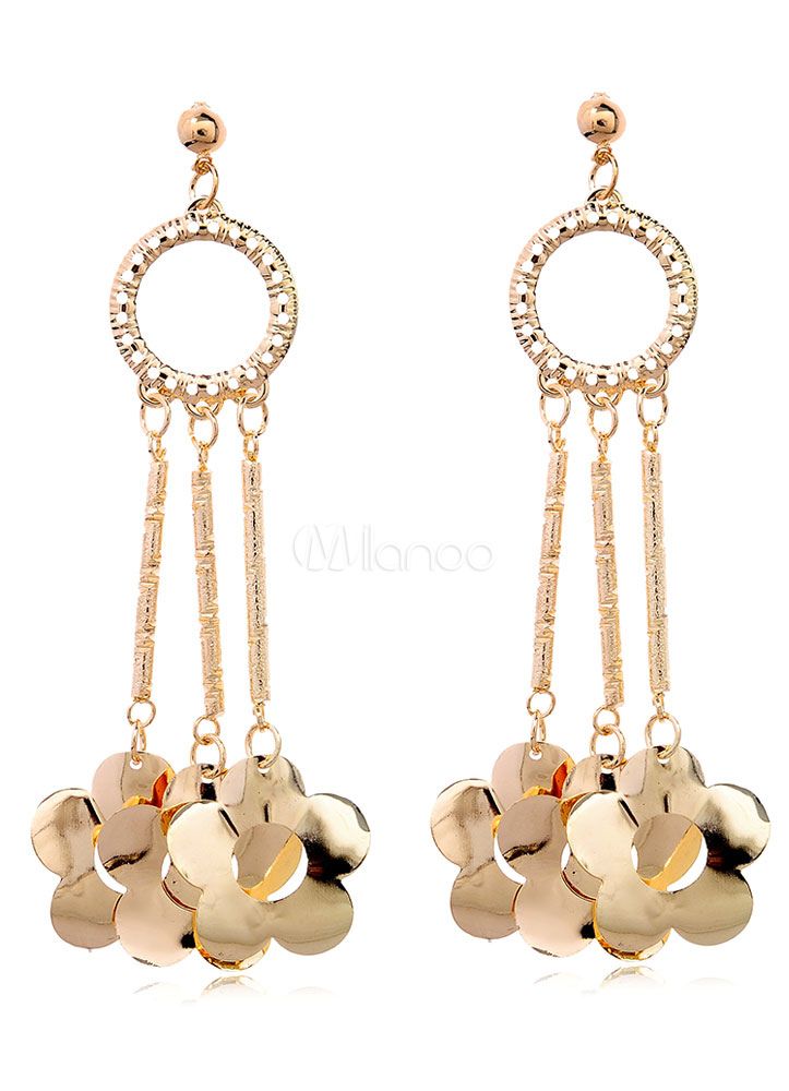 Gold Dangle Earrings Flower Pierced Hoop Drop Earrings | Milanoo