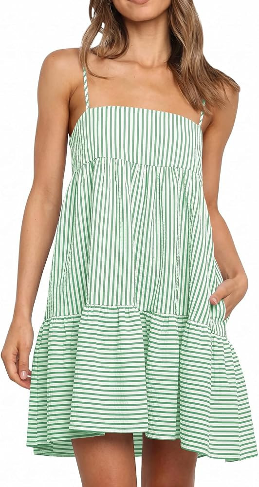 Wenrine Womens Summer Striped Mini Dress Spaghetti Strap Beach Sundress | Amazon (US)