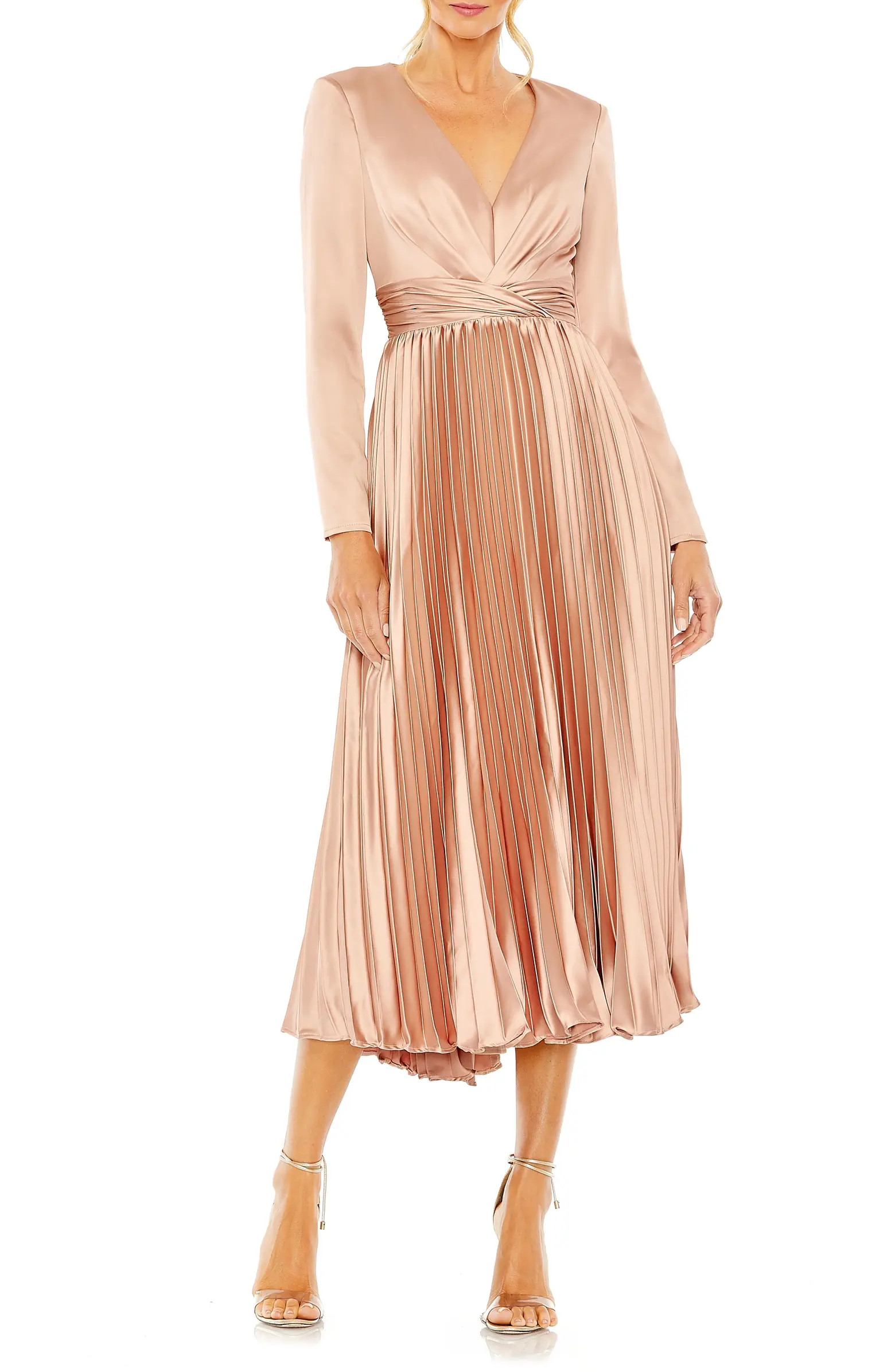 Ieena for Mac Duggal Pleated Long Sleeve Satin Midi Dress | Nordstrom | Nordstrom