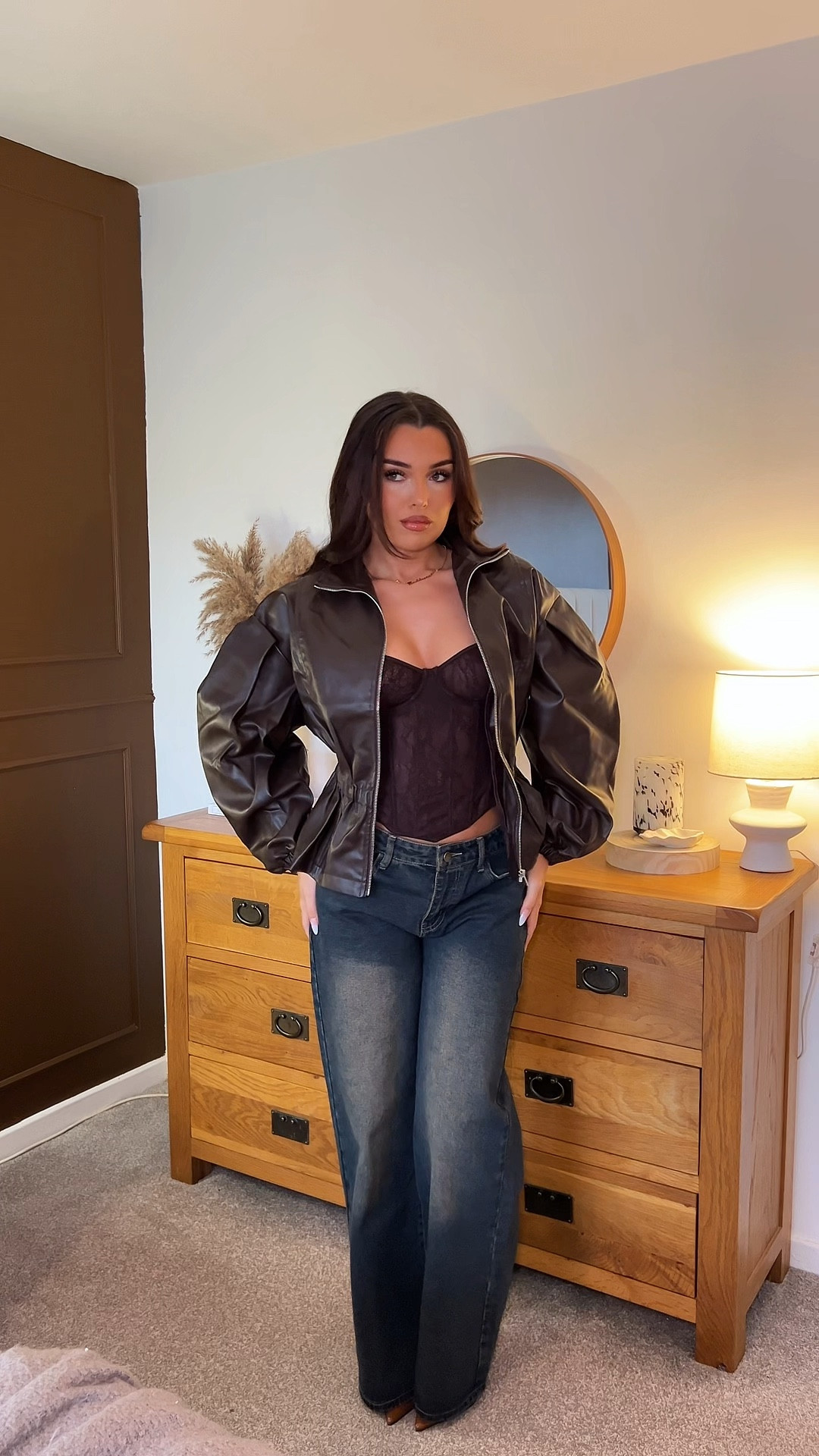 All brown ego fit 🤎 

Brown corset, brown leather jacket, leather jacket, baggy jeans, low rise jeans, dark denim jeans, point toe heels, brown heels, leather heels, neutral outfit, brown outfits 

#LTKdatenight #LTKwinter #LTKuk