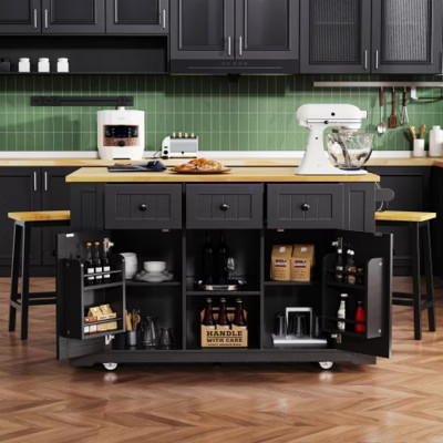 53 inch Black Large Kitchen Island with Drop Leaf, Rolling Kitchen Cart on 5 Wheels with 5 Open Side Racks for Kitchen Dining Room | Target