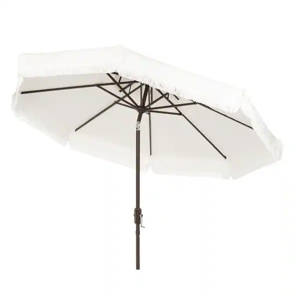 SAFAVIEH Milan 9ft Round Outdoor Patio Umbrella with Fringe Trim, Double Top - UV Resistant, Cran... | Bed Bath & Beyond