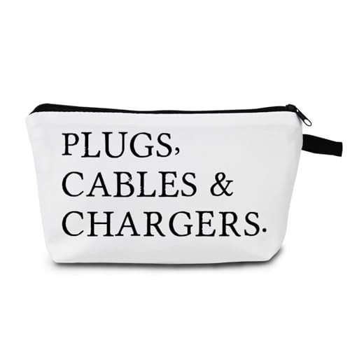 MoCaliduccious "PLUGS CABLES & CHARGERS Text Print Women Cosmetic Bag for Women Travel OrganizerSmall Zipper Makeup Bag Toiletry Kit | Amazon (US)