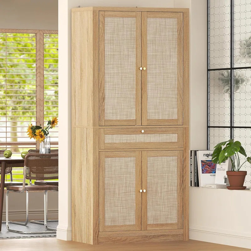 Bay Isle Home™ Kitchen Pantry Cabinet with Rattan Doors, 70'' Tall Pantry Cabinet, Freestanding... | Wayfair North America