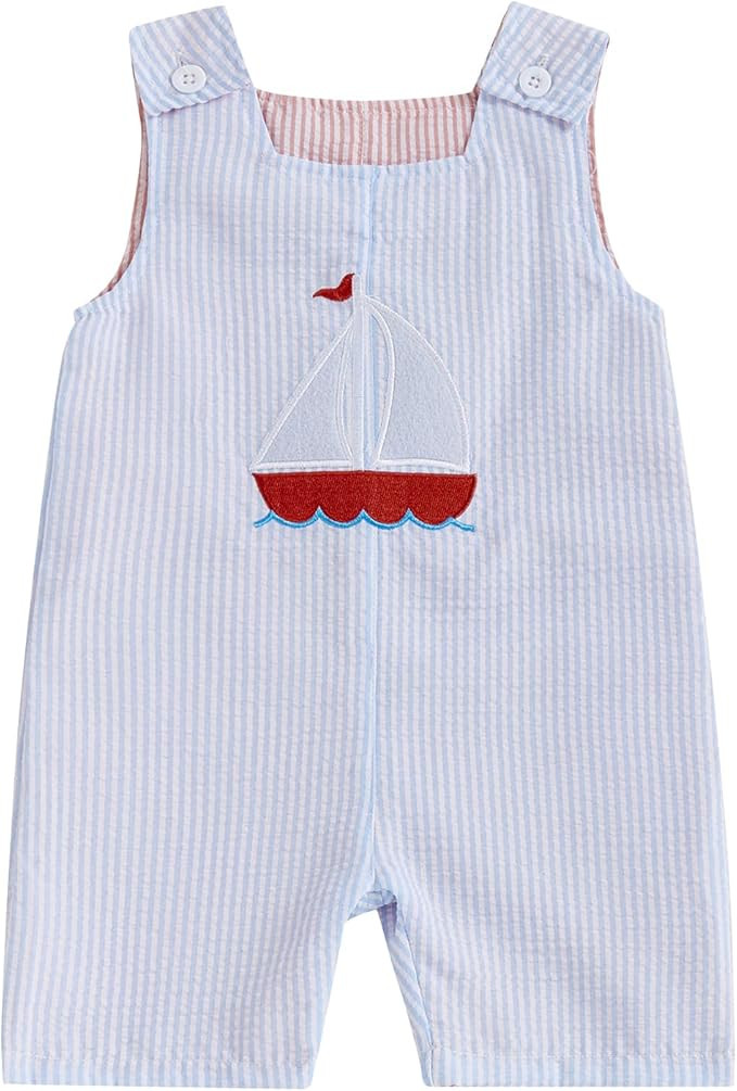 Baby Boy Summer Clothes Sleeveless Embroidery Dinosaur Striped Retro Romper Jumpsuit Smocked Shor... | Amazon (US)