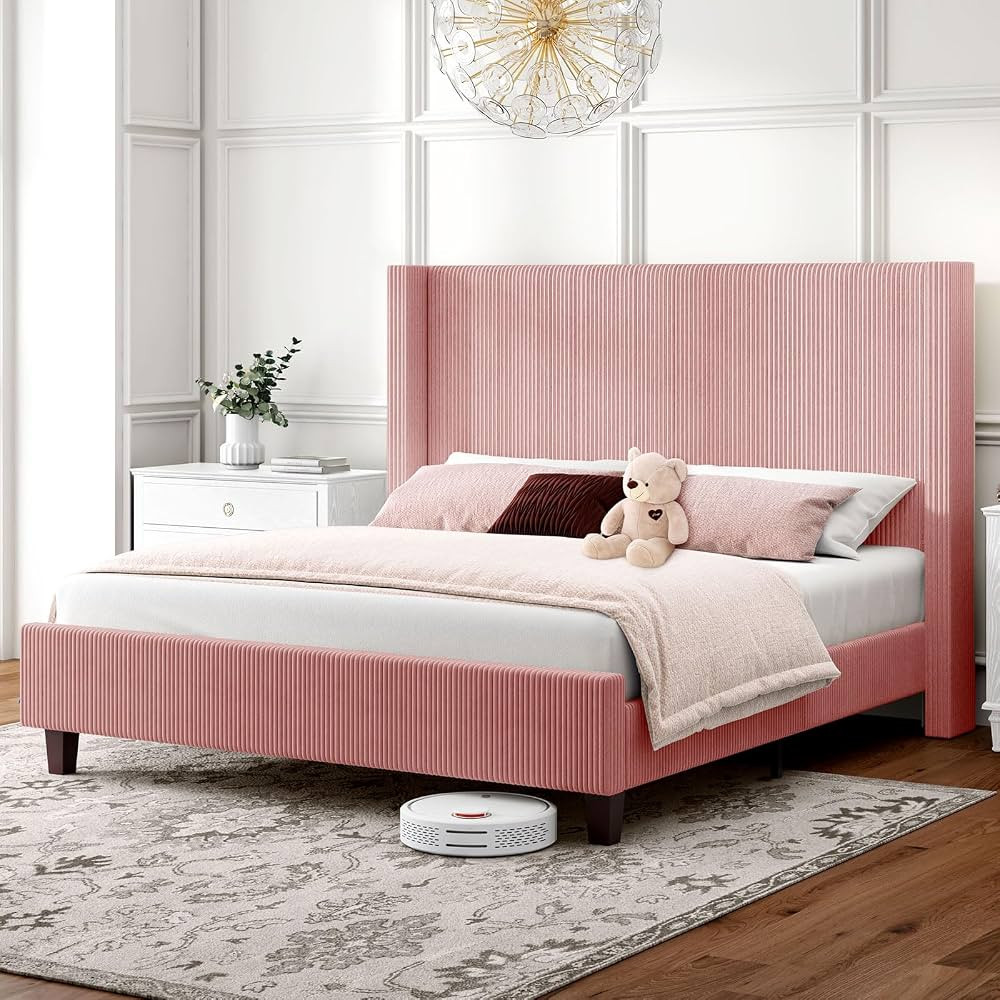 HOWE Queen Size Upholstered Platform Bed Frame, Wingback Bed with 50.8" Headboard, Corduroy/Solid... | Amazon (US)