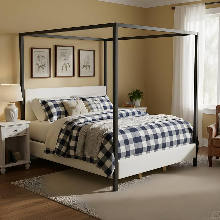 Merax Modern King Szie Metal Canopy Bed with Plush Boucl\u00e9 Upholstery,Four-Poster Bed with Wo... | Amazon (US)