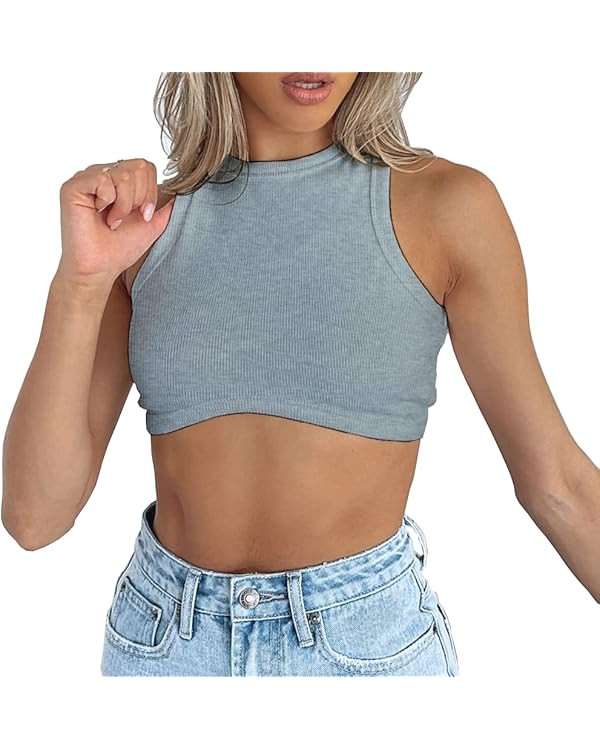 Abardsion Women's Crew Neck Racerback Knit Ribbed Basic Sleeveless Crop Tank Tops | Amazon (US)