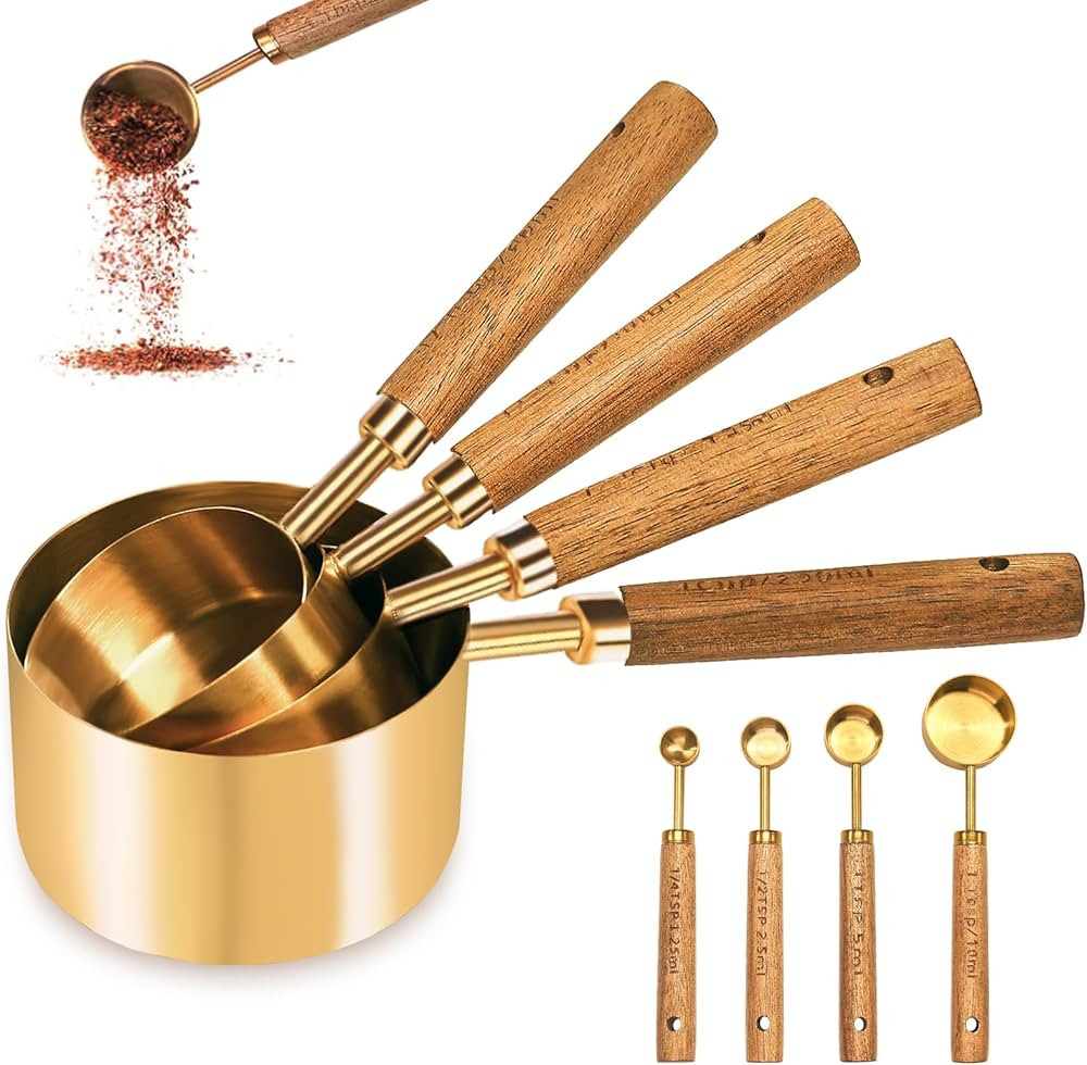 LIFETOWE Gold Measuring Cups and Spoons Set, Wood Handle with Metric and US Measurements, Stainle... | Amazon (US)
