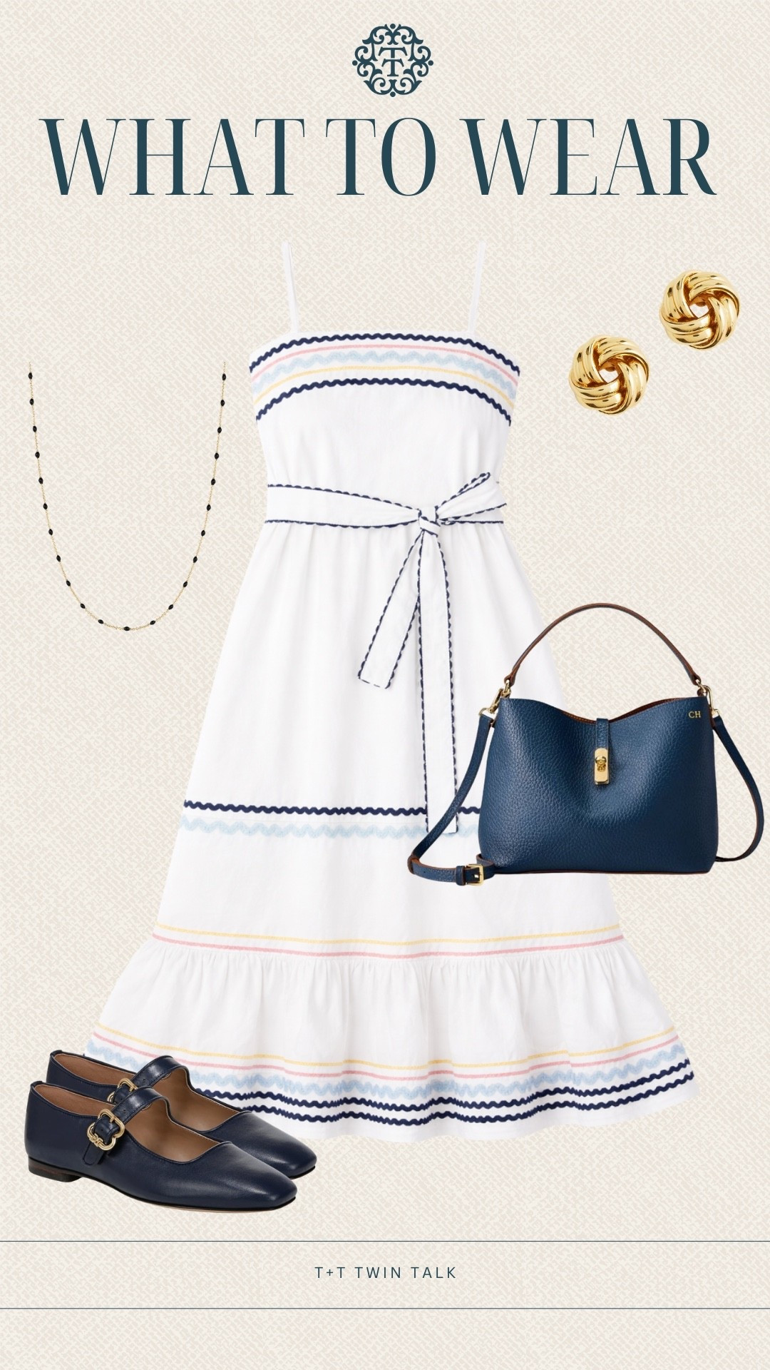 T+T, what to wear! We have been loving this white dress with the striped accents! Pairing it with a chic navy bag and shoes from Nordstrom for an easy going out look!