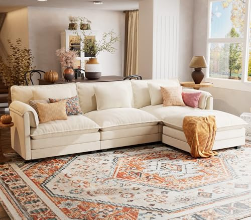 ELUCHANG 113" Modular Sectional Sofa, Comfy Cloud Couch, L Shaped Deep Seat Sofa Couches for Living Room, 4-Seater Modern Sofa with Movable Ottoman, DIY Combination - Chenille Beige | Amazon (US)
