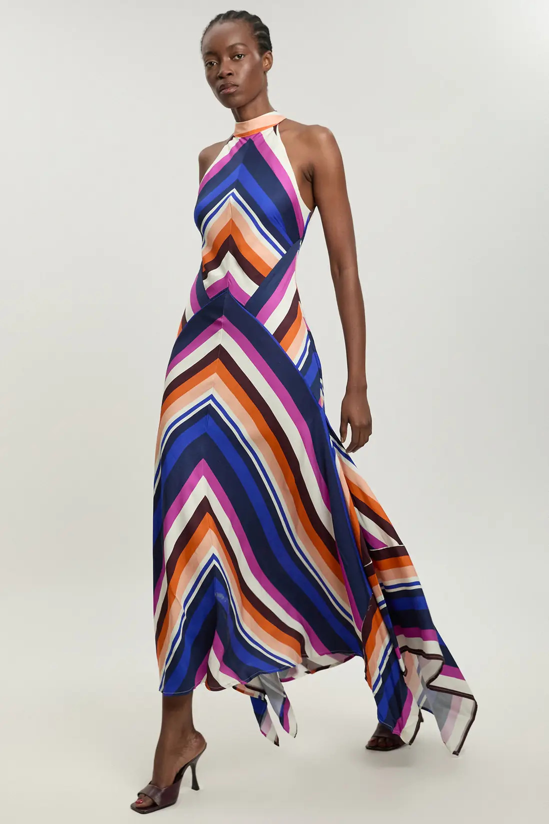 Petite Fluid Stripe Cotton Mix Woven Maxi Halter Dress | Karen Millen