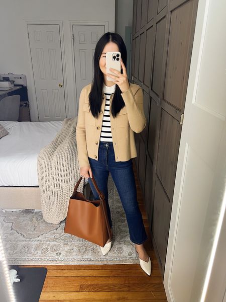 Camel sweater jacket (XSP)
Black and white striped top (XS)
High waisted jeans (4P)
Brown bag
White pumps (1/2 size up)
White mule pumps
Neutral outfit
Spring work outfit
Ann Taylor outfit
Smart casual outfit

#LTKstyletip #LTKsalealert #LTKworkwear