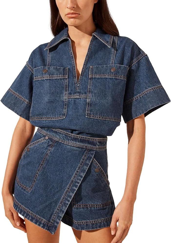 Denim Outfit for Women 2 Piece Short Sleeve Lapel V Neck Crop Top and High Waist Jean Skirt Shorts Y2k Skort Sets | Amazon (US)