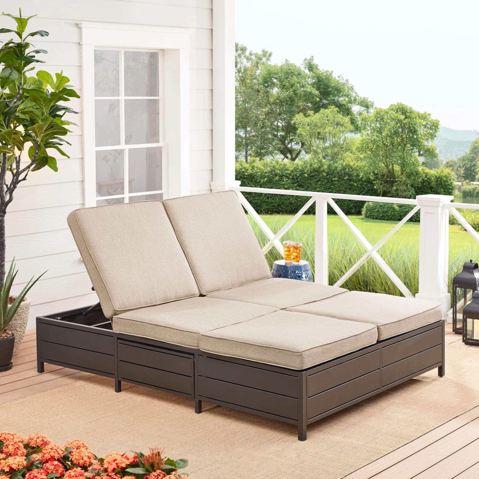 Mainstays Cushion Steel Outdoor Chaise Lounge - Tan/Black | Walmart (US)