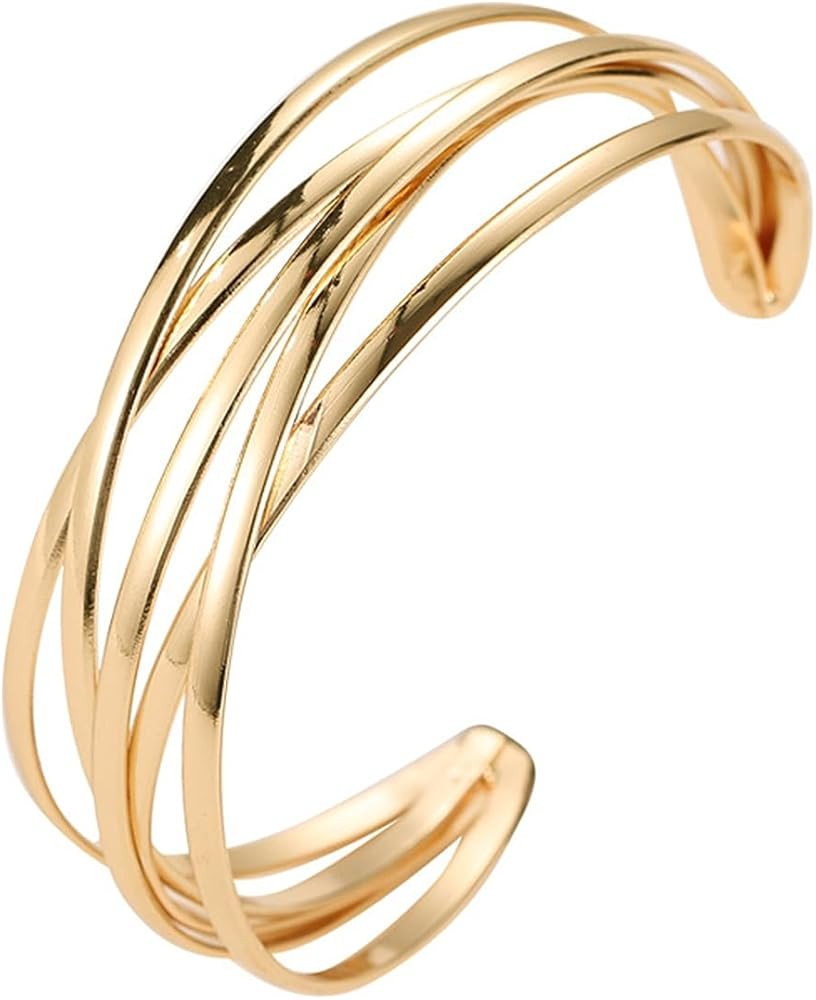 Rose Gold Cuff Bracelet for Women Multi-layer Cross Wire Bangle Bracelet Trendy Open Cuff Bracele... | Amazon (US)