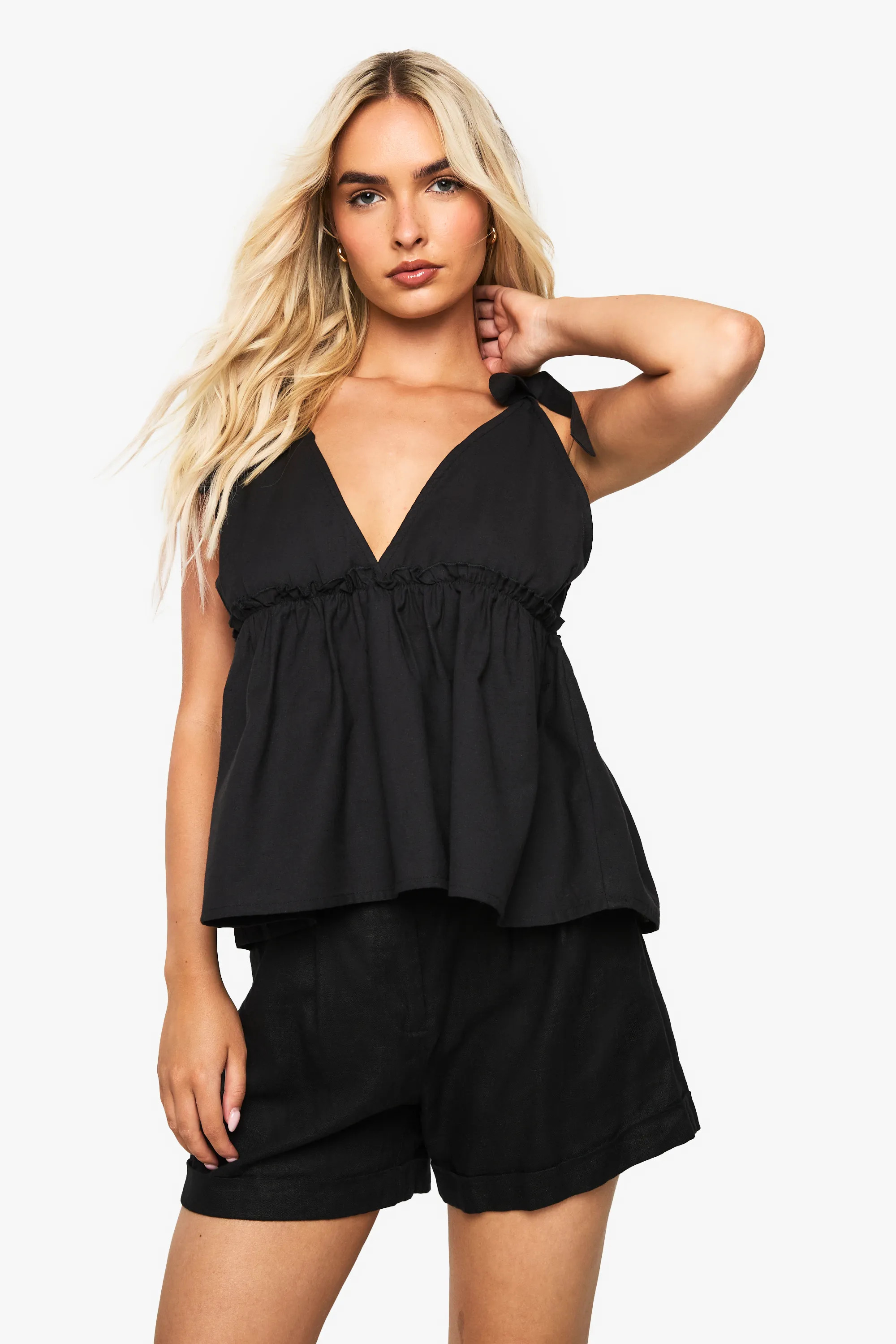Black Linen Tie Shoulder Cami | Boohoo | Boohoo.com (UK & IE)