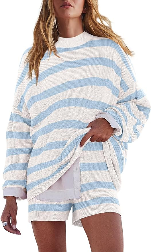 LAMISSCHE Womens Oversized Lounge Sets 2 Piece Outfits Striped Matching Pajama Set Long Sleeve Sw... | Amazon (US)