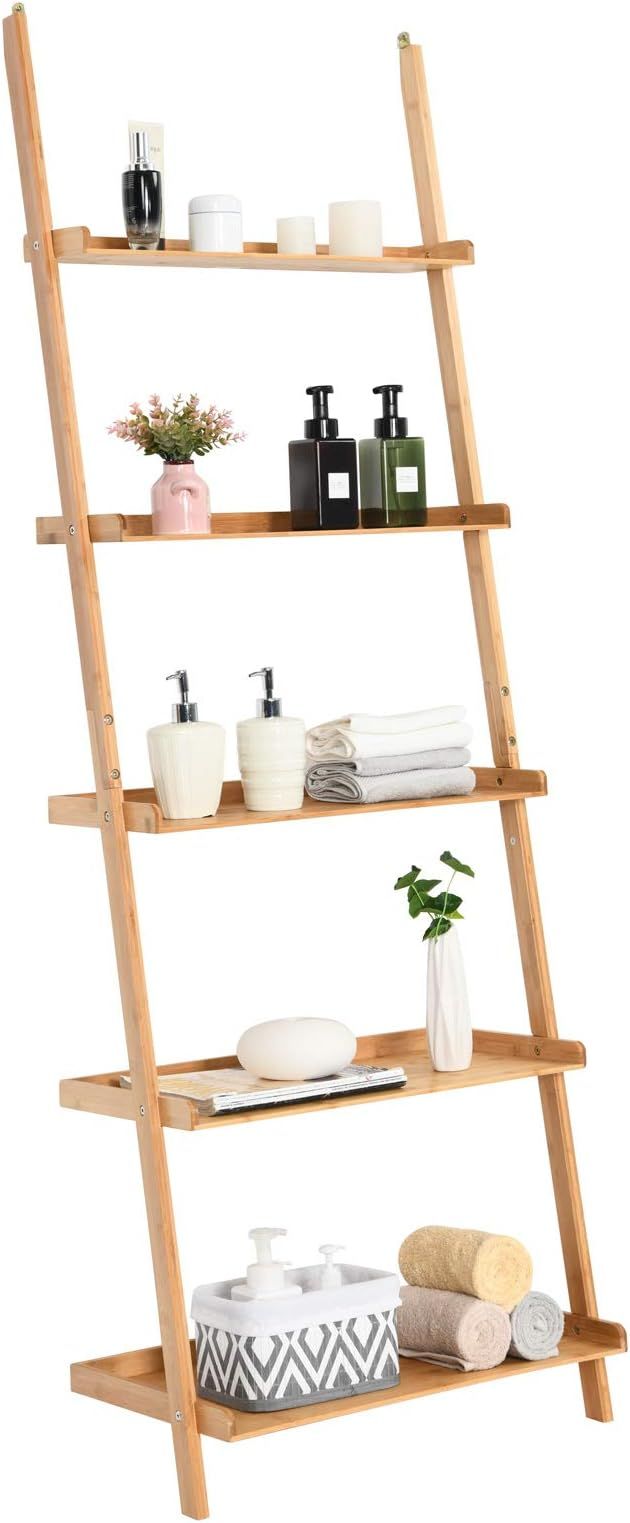 Tangkula 5-Tier Ladder Shelf Bookcase, Bamboo 72”H Wall-Leaning Bookshelf with Baffles and Anti... | Amazon (US)