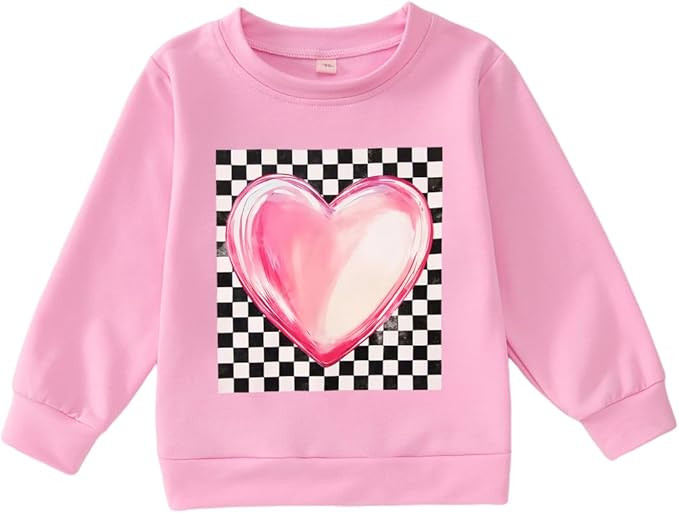 BOUTIKOME Toddler Girls Valentine's Day Long Sleeve Sweatshirts Checkerboard Love Heart Graphic P... | Amazon (US)