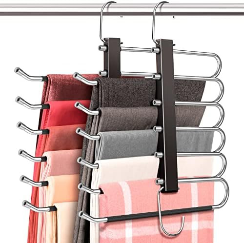 Space Saving 6 Tier Pant Hangers, Anti-Slip, Stainless Steel, 2 Pack, Black | Amazon (US)