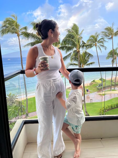 Easy morning look for another day in Maui! These pull on linen pants have been a go-to for me lately. This tank is $20 and the perfect basic! Size small in both 

Vacation, vacation finds, resort, Hawaii, vacay, disney, sandals, sunglasses, travel, plane travel, kids travel, beach, beach bags, sandals, swim, coverup, dresses, sundresses, travel outfit, ootd, Alex, Alex garza 