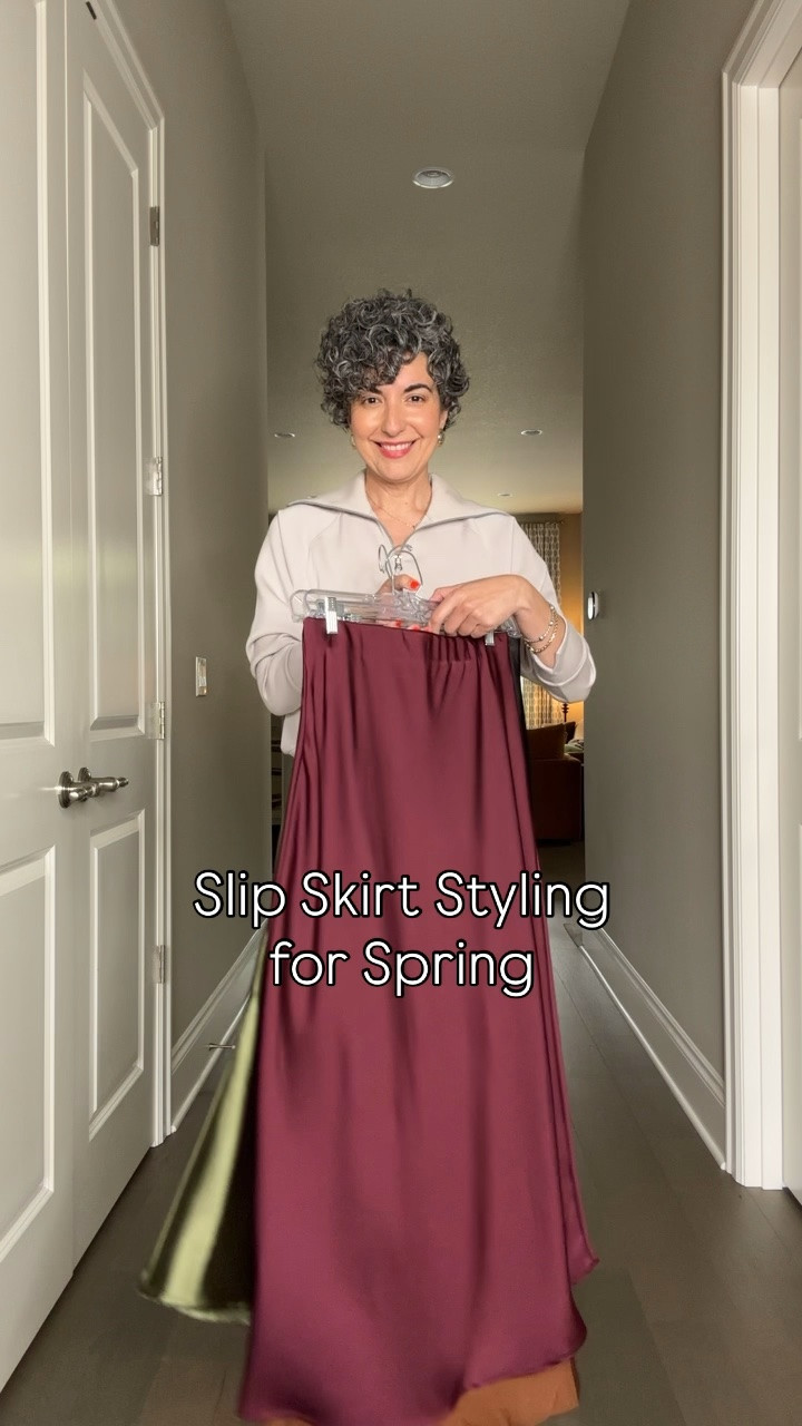 Slip Skirt Styling For Spring! By request styling my slip skirts for warmer weather! They’re a classic wardrobe staple! 
.
Sizes: 
Black (mango) - small 
Brown- medium 
Cream (mine is mango older) - small 
Burgundy - medium 
Green - medium 
.
#slipskirts #satinskirts