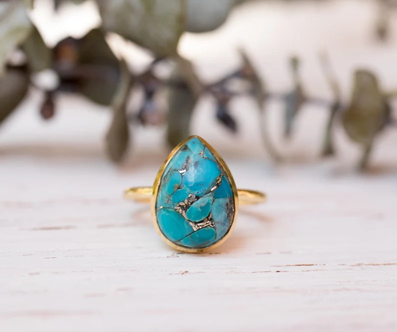 Copper Turquoise Tear Drop Ring ~ Gemstone ~ Natural ~ 18k Gold Plated ~ Jewelry ~ Handmade ~ Dec... | Etsy (US)