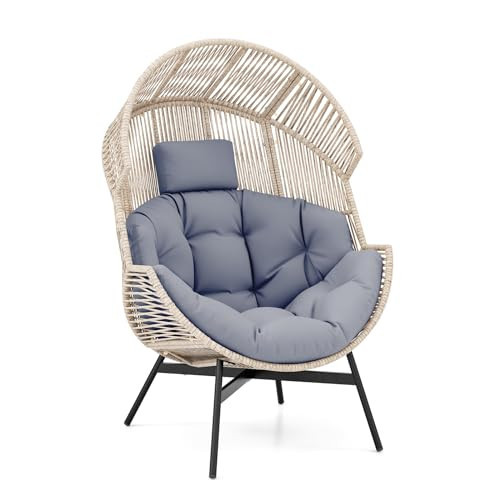 Tangkula Oversized Egg Style Chair, Wicker Stationary Patio Egg Chair w/Cushions & Headrest, Heavy-Duty Metal Frame, Patio Lounge Basket Sofa Chair for Yard, Porch, Living Room | Amazon (US)