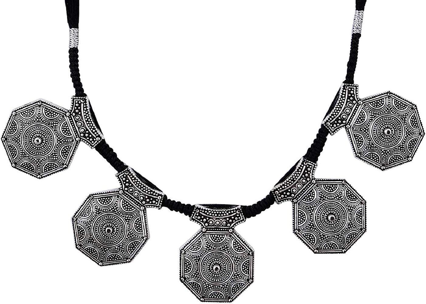 Saissa Silver Tone Oxidized Choker Boho Gypsy Thread Rope Indian Bollywood Necklace Jewelry for W... | Amazon (US)