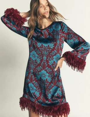 Faux Feather Satin Dress-Crystal Teal Flourishing Sprig | Boden (US)