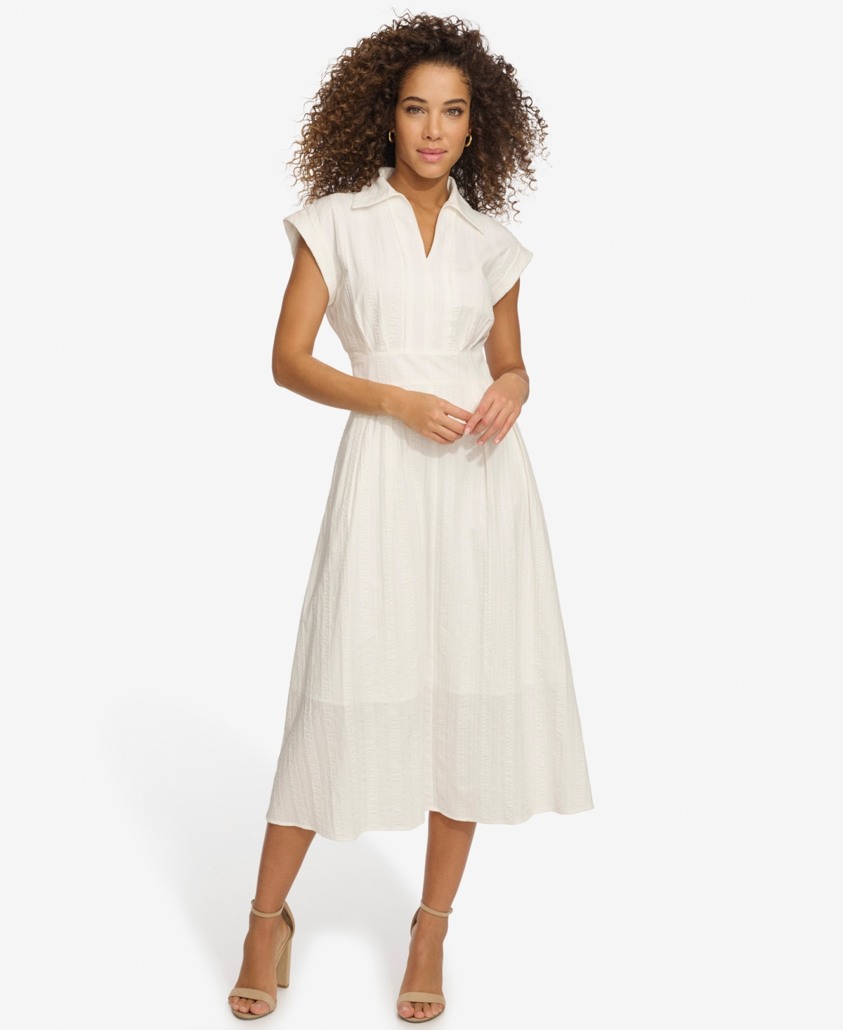 Women's Textured Stripe Midi Shirtdress with Collar - White | Macy's