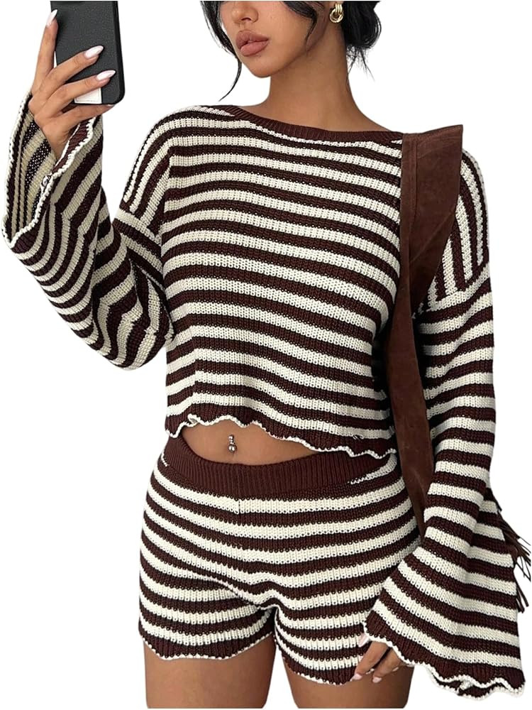MakeMeChic Women's 2 Piece Sweater Set Striped Bell Sleeve Crop Tops and Mini Shorts Sets | Amazon (US)