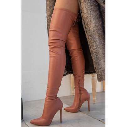 Liliana Rose Nude Pointy Thigh High Over-Knee Boots Stiletto Fashion Dress Boots (8.5) | SHEIN