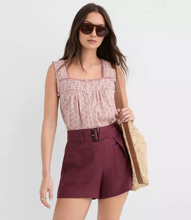Belted Patch Pocket Shorts in Linen Blend | LOFT