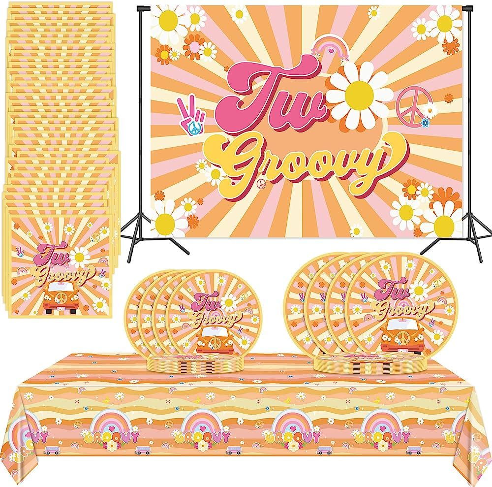 82Pcs Two Groovy Party Decorations, Boho Rainbow Birthday Supplies Daisy Theme Tableware Set Incl... | Amazon (US)
