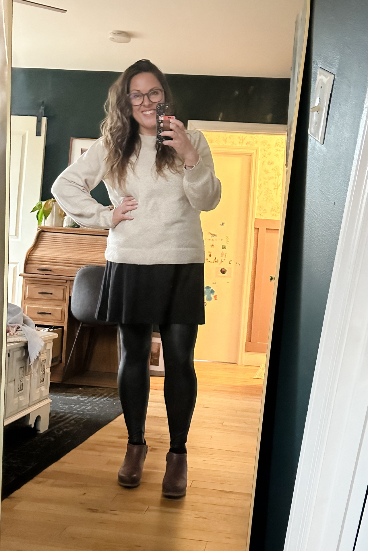 Simple church outfit - with a dress I’ve had for over 15 years - but revamped with a sweater over it & (faux) leather leggings. Would be a great Thanksgiving outfit!

#LTKStyleTip #LTKHoliday #LTKMidsize