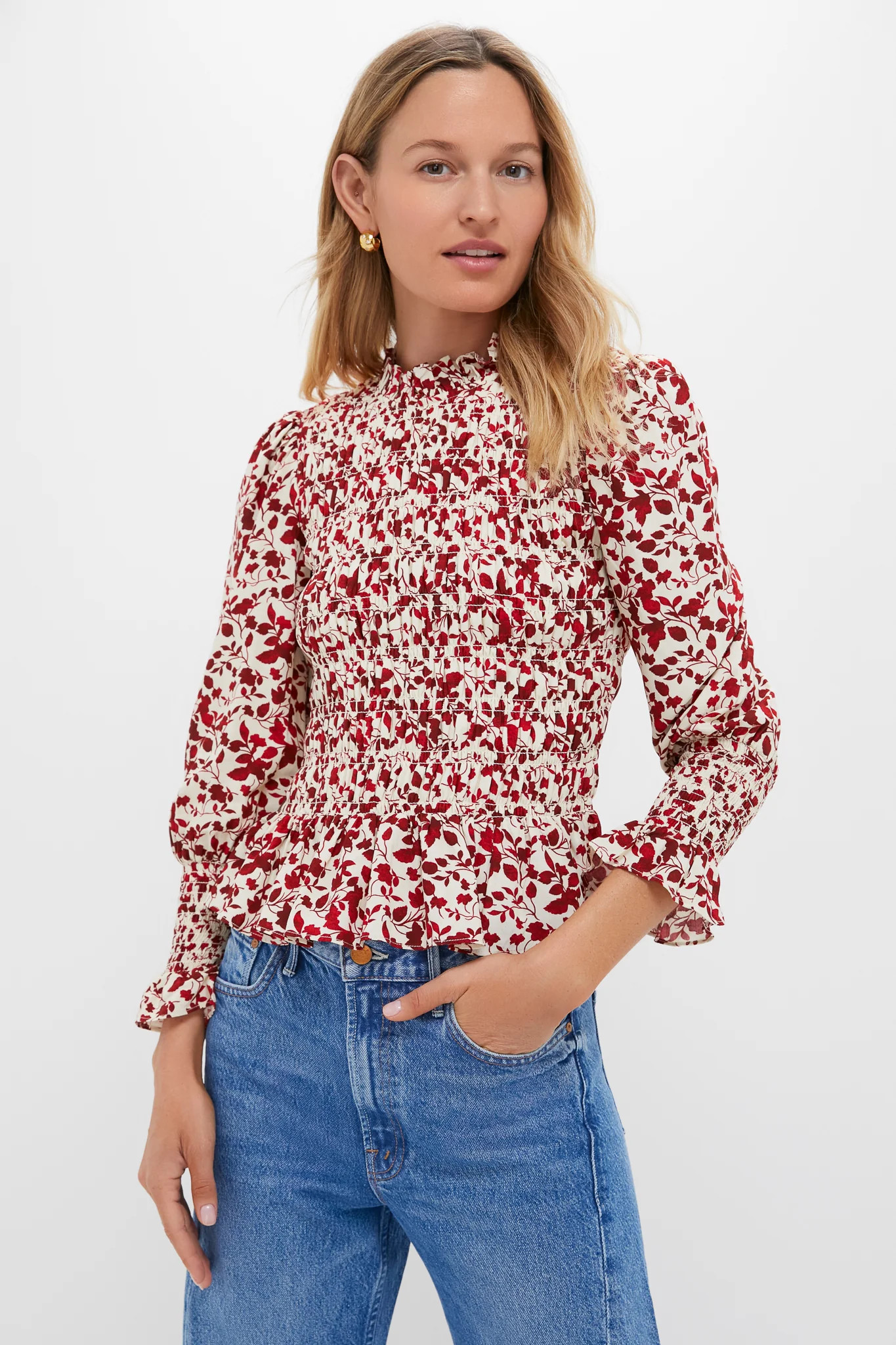 Red and Cream Floral Smocked Cynthia Blouse | Tuckernuck (US)