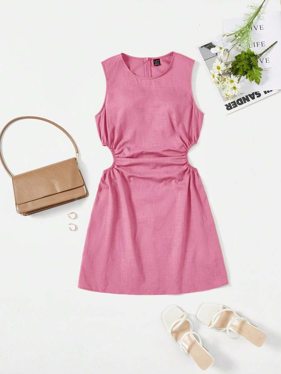 SHEIN EZwear Pink Woven Sleeveless Dress For Women | SHEIN