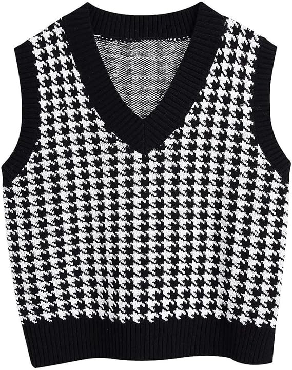 Sdencin Women Houndstooth Pattern Knit Sweater Vest Sleeveless Loose V-Neck 90s Waistcoat Pullove... | Amazon (US)