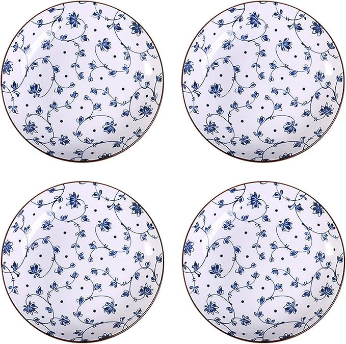 Gegong 4 Pack Blue and White Porcelain Dish Serving Plates Floral Dinner Shallow Plates Appetizer... | Amazon (US)