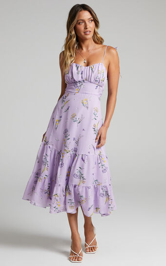 Monaco Midi Dress - Strappy Sweetheart Tiered Dress in Lavender Botanical Floral | Showpo (ANZ)