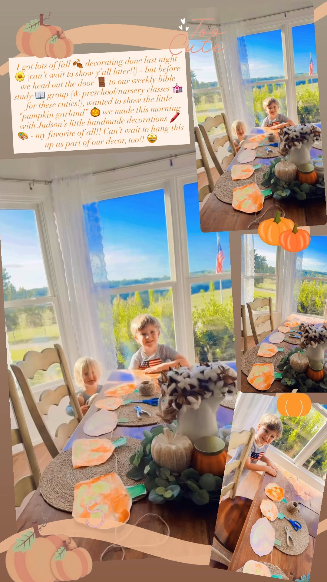 I got lots of fall 🍂 decorating done last night 🌼 (can’t wait to show y’all later!!) - but before we head out the door 🚪 to our weekly bible study 📖 group (& preschool/nursery classes 💒 for these cuties!), wanted to show the little “pumpkin garland” 🎃 we made this morning with Judson’s little handmade decorations 🖍️🎨 - my favorite of all!! Can’t wait to hang this up as part of our decor, too!! 🤩