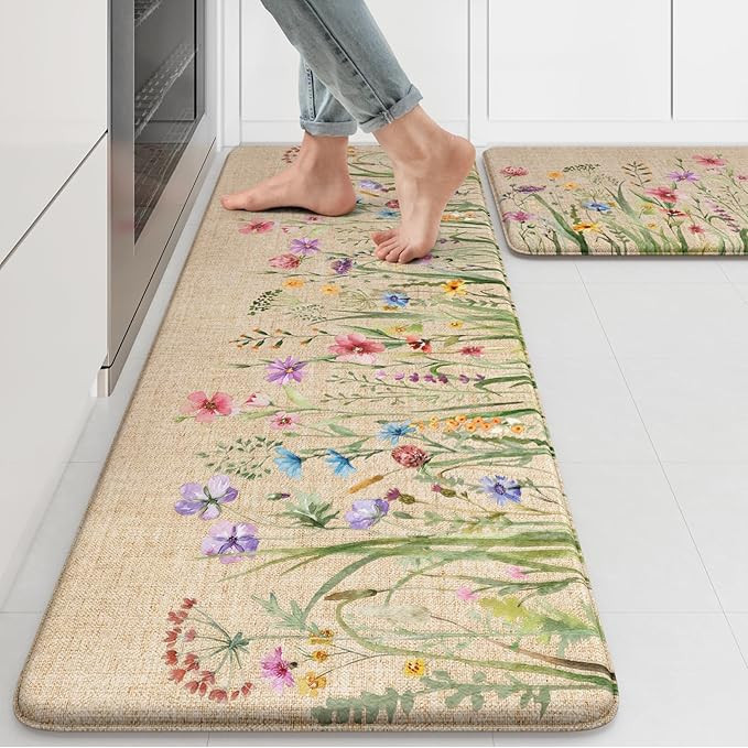 KIMODE Anti Fatigue Kitchen Mat, 17"x47"+17"x29" Floral Kitchen Rugs Sets of 2, Farmhouse Kitchen... | Amazon (US)