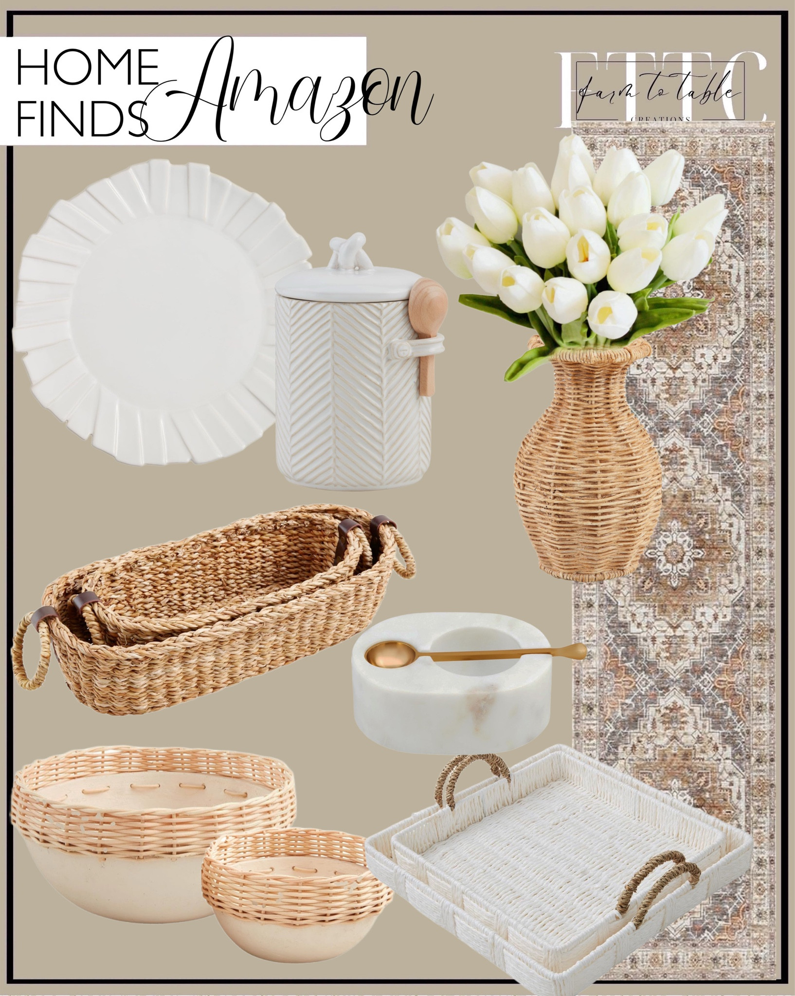 Amazon Home Finds. Follow @farmtotablecreations on Instagram for more inspiration.

Mud Pie Paper Mache Rattan Bowls, small 3 1/2" x 6 1/2" dia | large 4 1/2" x 9" dia, WHITE. Mud Pie Layered Rim Stoneware Platter; 12 1/2" Dia. Textured Coffee Set, canister. White House Nested Woven Trays. White Marble Salt Cellar. Flared Resin Basket Weave Vase. Nested Bread Baskets. Washable Hallway Runner Rugs, Non-Slip Low-Pile Soft Kitchen Rug Runner Laundry Room Rug. Spring Home Finds. Affordable Kitchen Decor. Amazon Home Decor. 


#LTKSaleAlert #LTKFindsUnder50 #LTKHome
