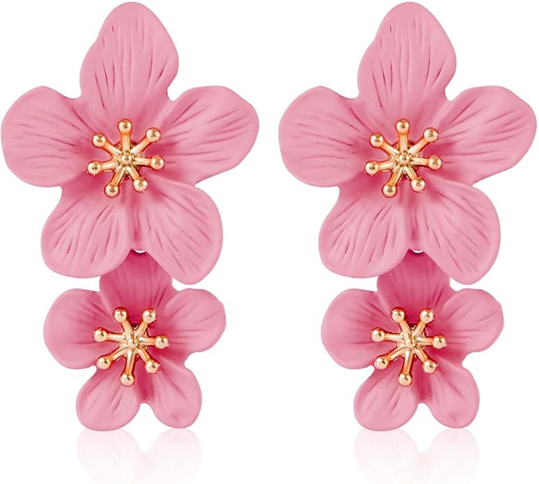 Double Flower Earrings, 3D Flower Earrings Floral Dangle Earrings Boho Earrings Studs Chic Wild F... | Amazon (US)