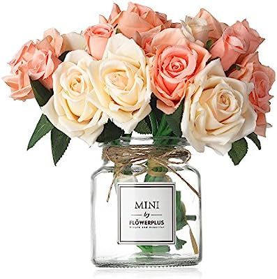 MISBEST Artificial Rose Flowers with Vase,Fake Silk Champagne Bouquet with Glass Jar Home Rope fo... | Amazon (US)