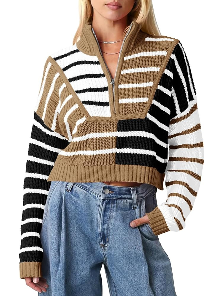 Saodimallsu Womens Striped Cropped Sweater Color Block Zip Up Long Sleeve Mock Neck Loose Pullove... | Amazon (US)